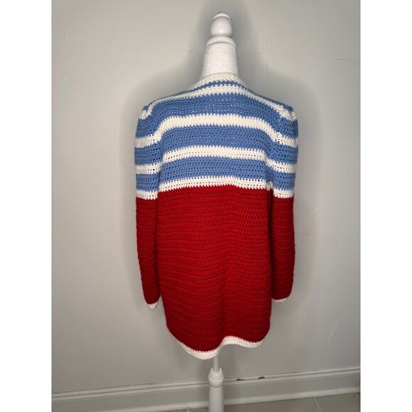 Hand Crocheted Cardigan Sweater Red, White and Blue. Size Large - Picture 5 of 8